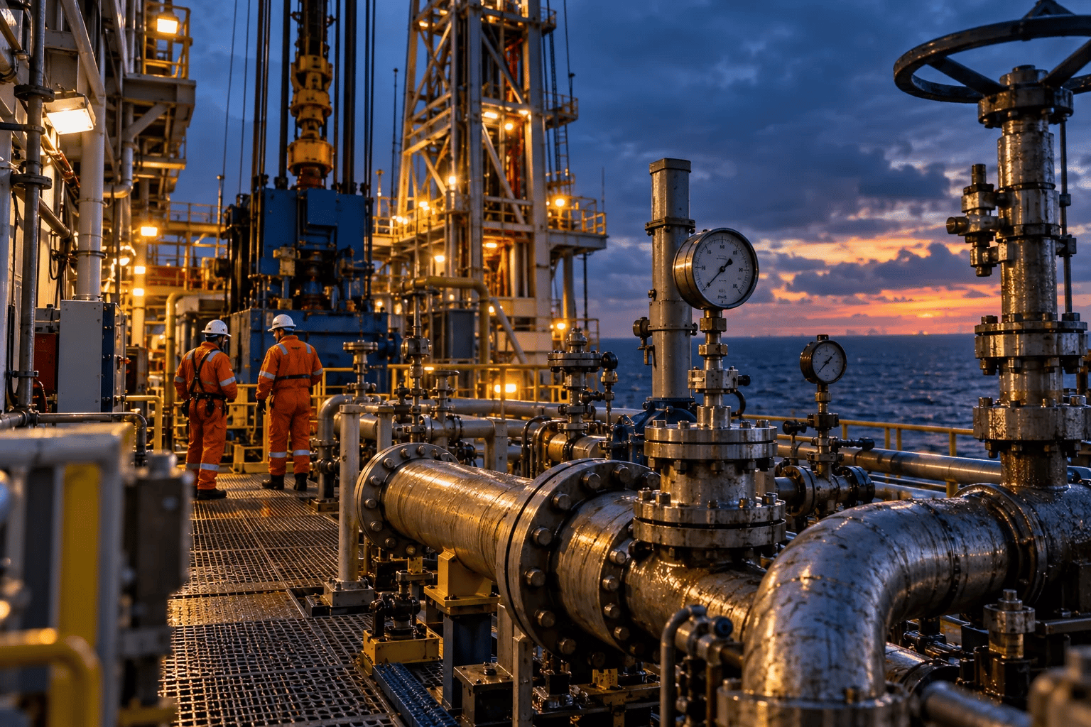 Offshore workers in orange coveralls on a platform at sunset